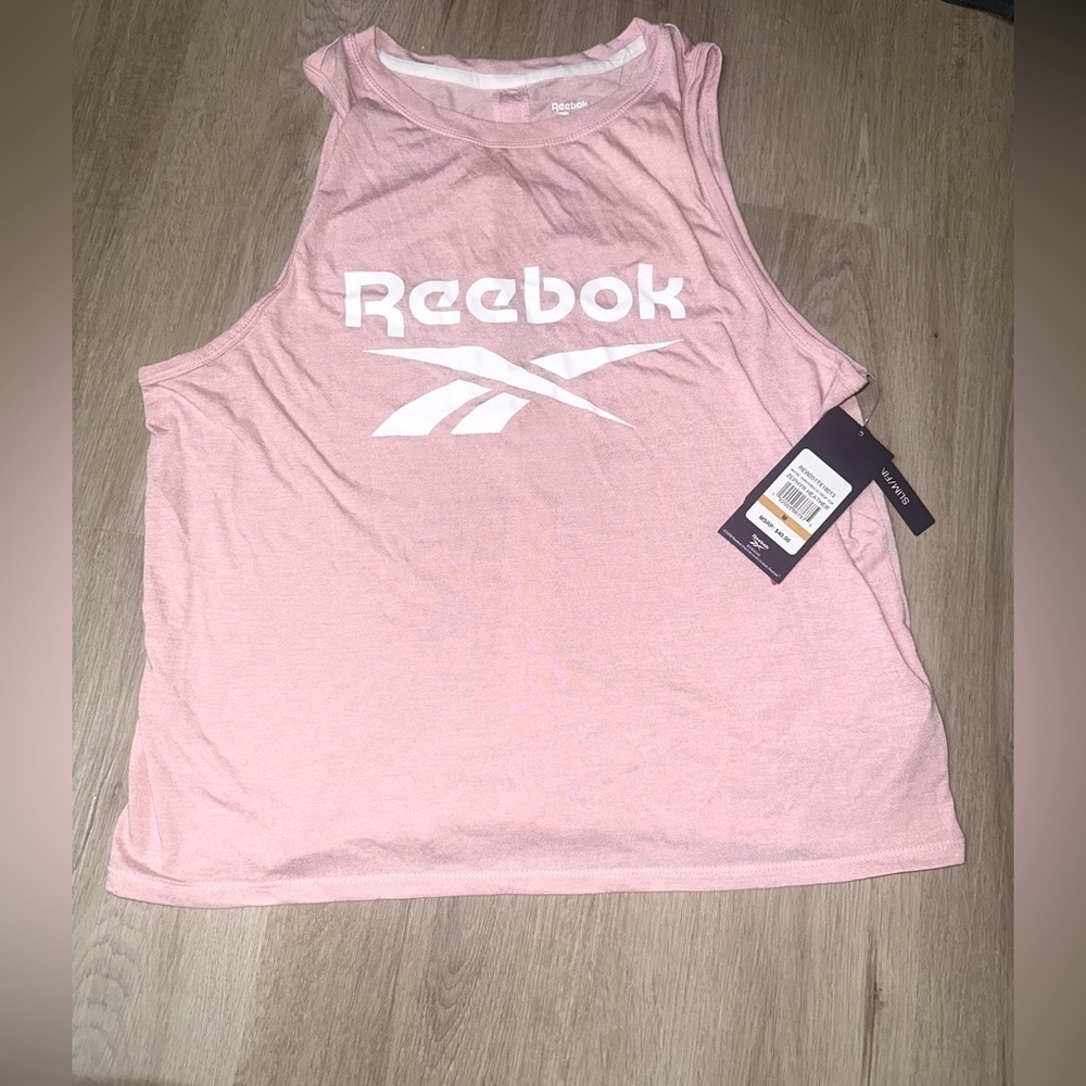 Reebok Zephyr Heather Slim Keyhole Initial Throwback Crop Top Muscle Tank Pink